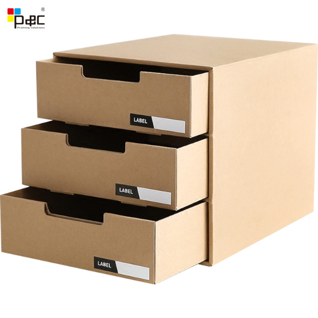 P&C - Kraft Flat Box File Rack 3 Layer 3 Draw Box Sliding Storage Drawer Packaging Box Paper display and storage box