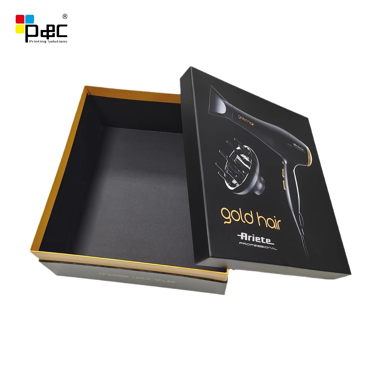 Luxury hair dryer packaging box black color rigid paper lid and base gift box with custom printing