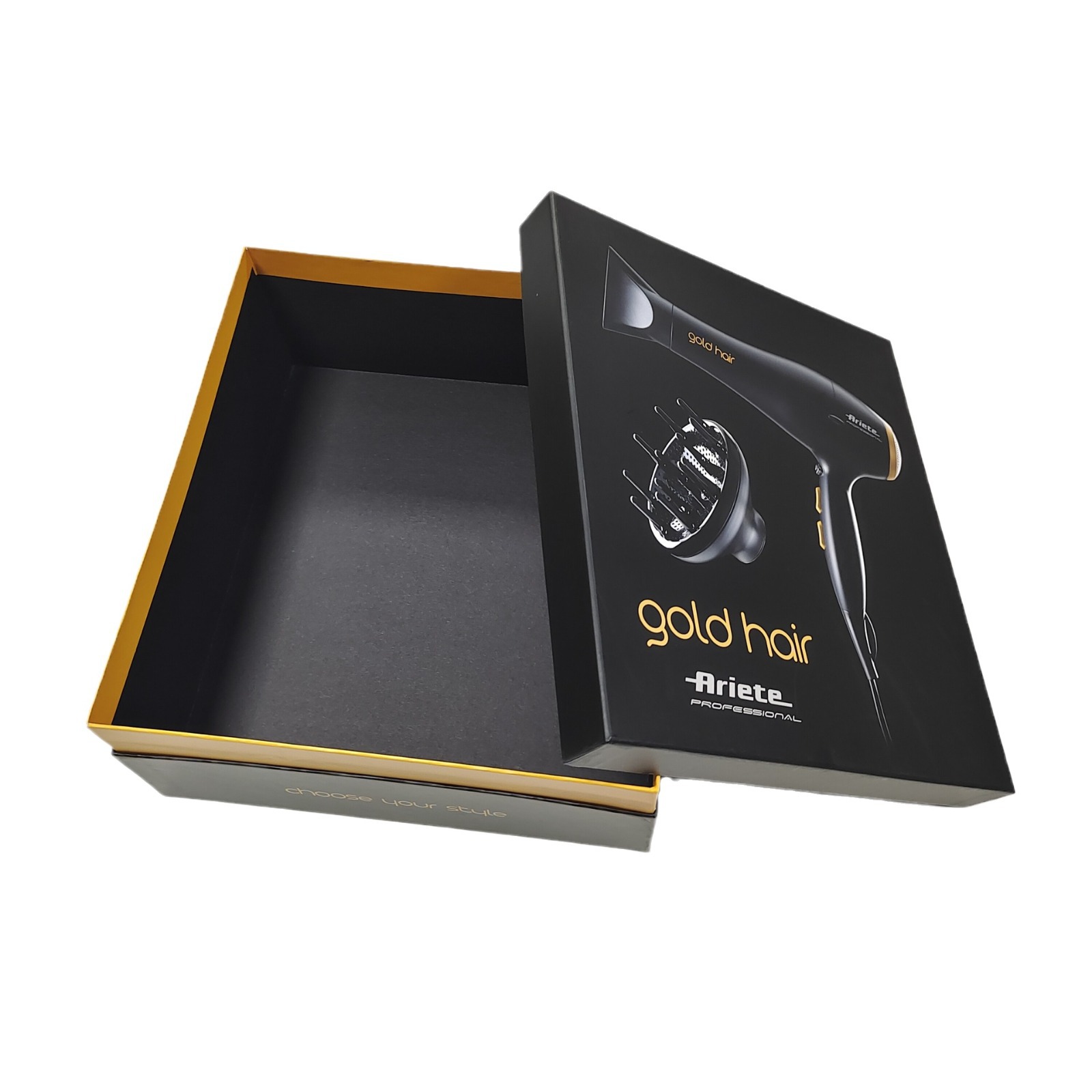 Luxury hair dryer packaging box black color rigid paper lid and base gift box with custom printing