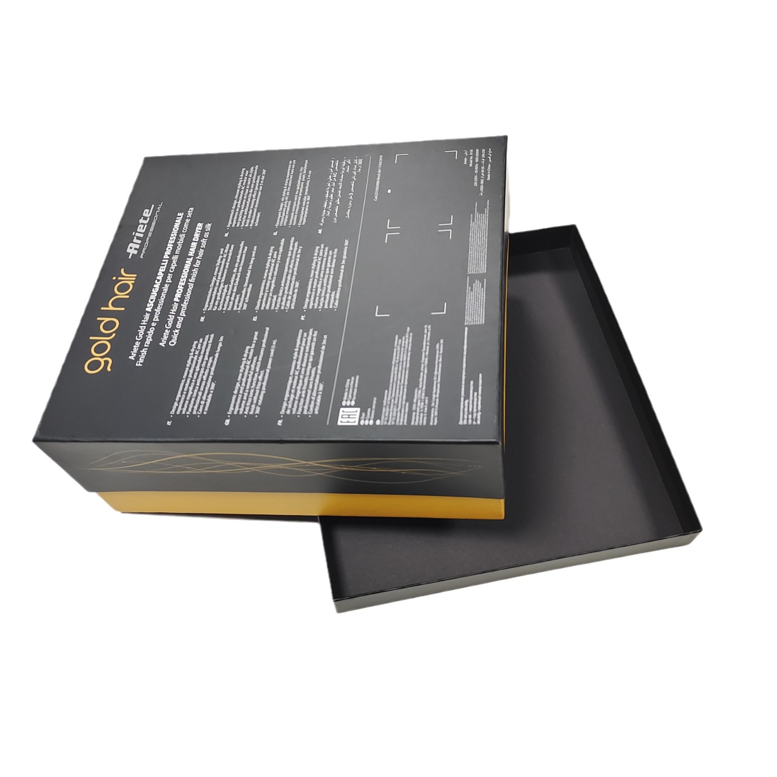 Luxury hair dryer packaging box black color rigid paper lid and base gift box with custom printing